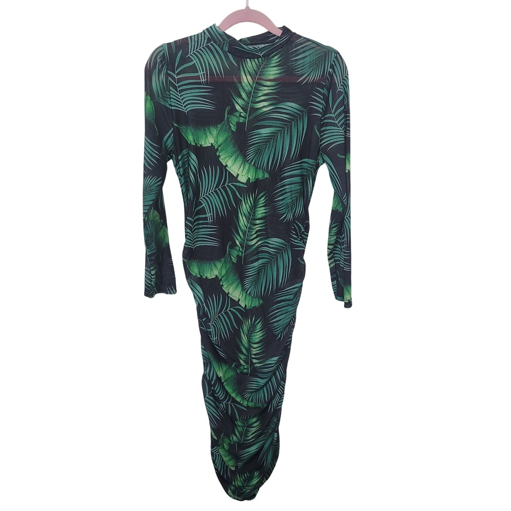 Unbranded 1XL Bodycon‎ Midi Dress Green Tropical Palm Mesh Ruched Mock Neck